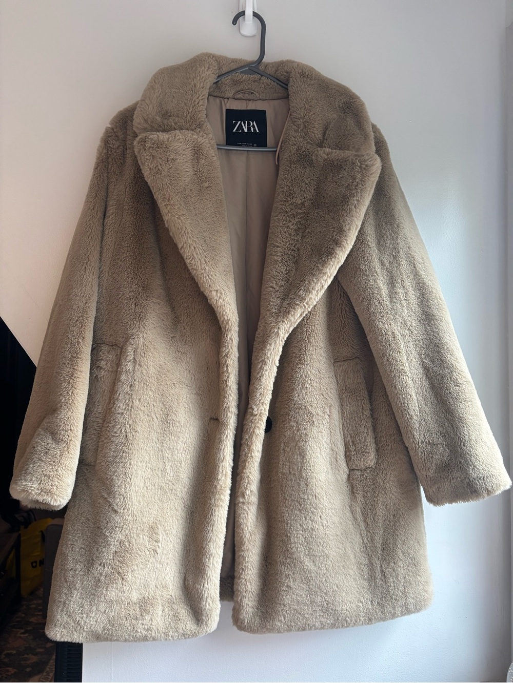 ZARA Taupe Plush Teddy Coat - Women's Faux Fur Jacket